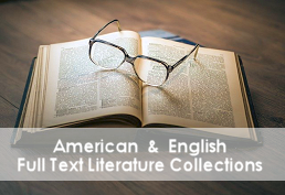 Open book with reading glasses representing American & English Literature database
