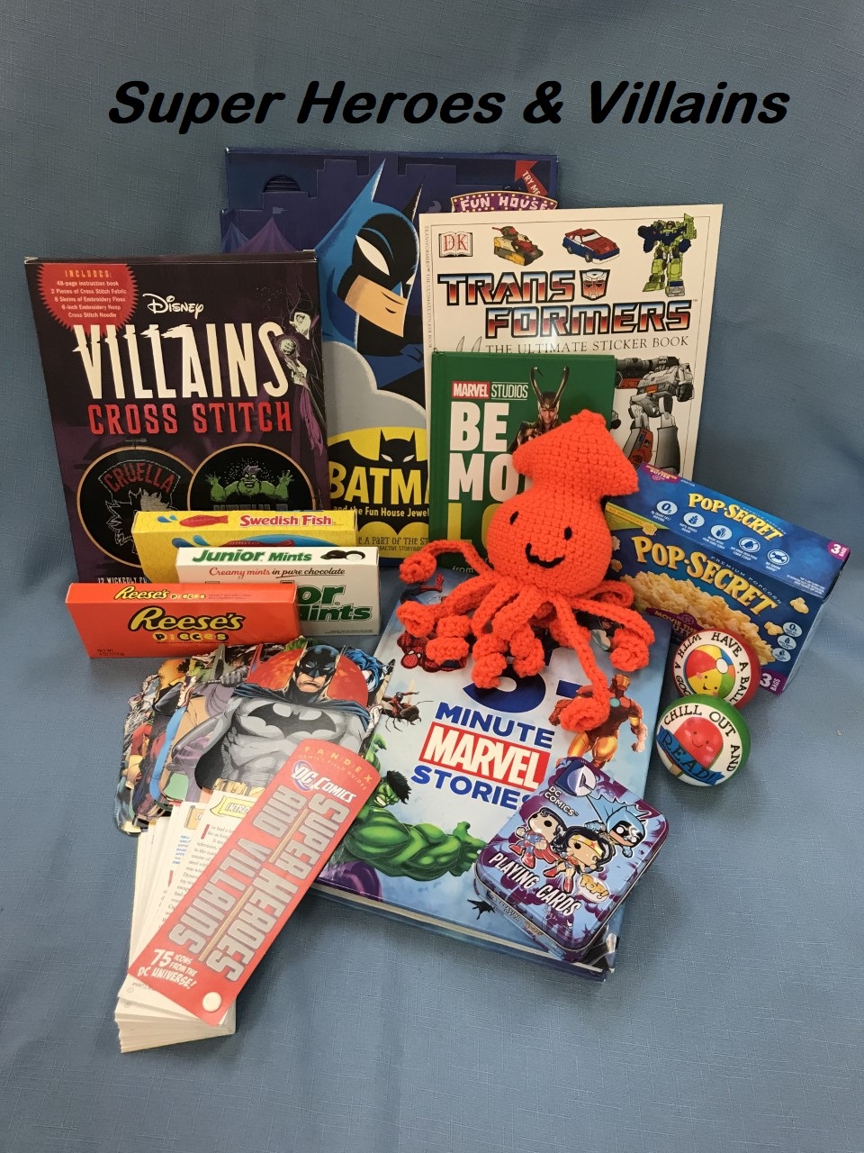 Super Hero books, card games, candy