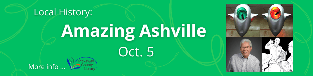 Local History Amazing Ashville Oct 5, photo of white-haired man, cartoon of man speaking, traffic lights