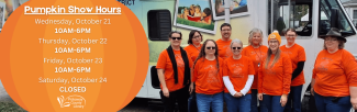 photograph of people wearing orange shirts. Text on orange background reads Wednesday Thursday Friday 10AM-6PM Saturday Closed.